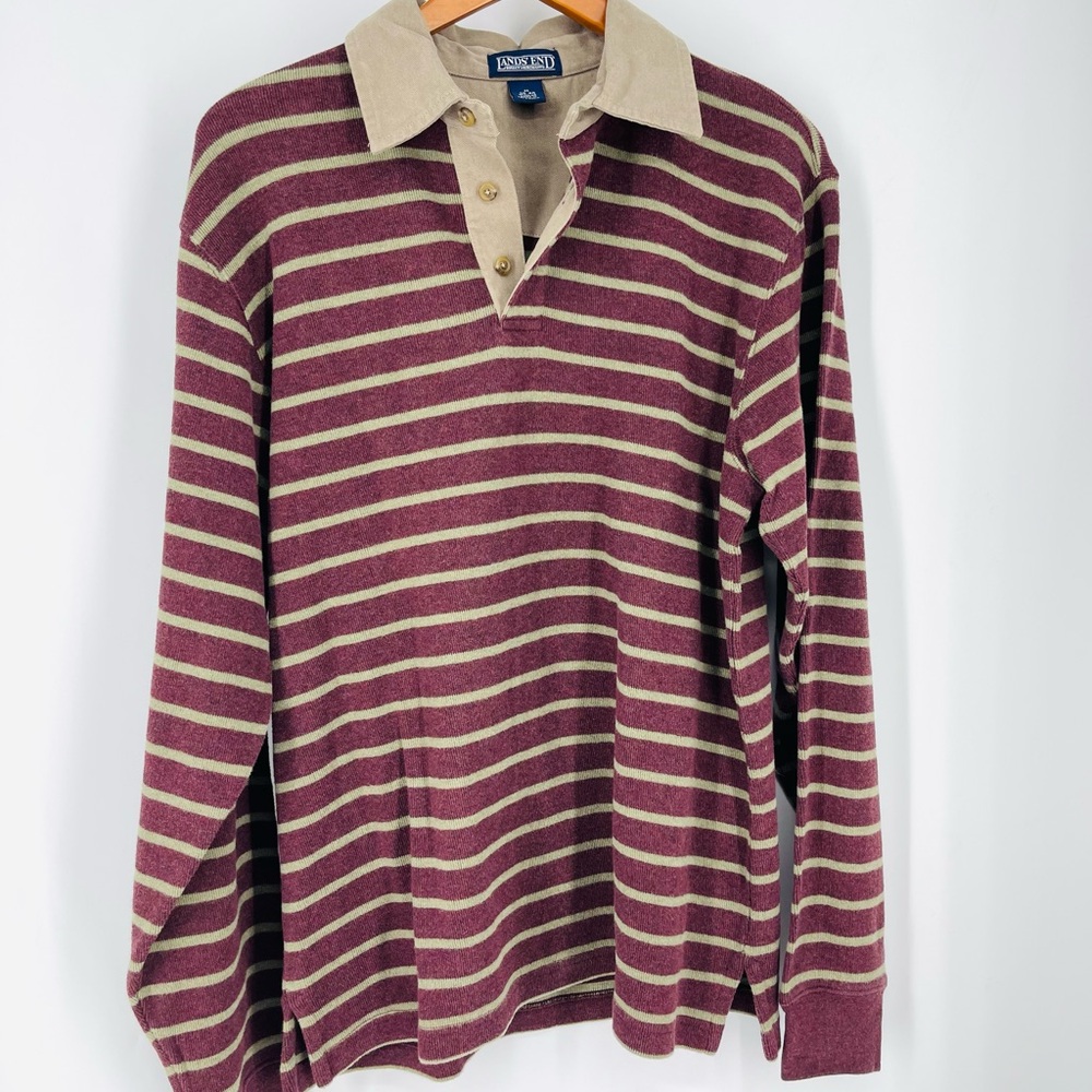 😎Vtg 90s Khaki Green Burgundy Striped Rugby Shirt Thick Cotton Grunge Lands End - Picture 9 of 15